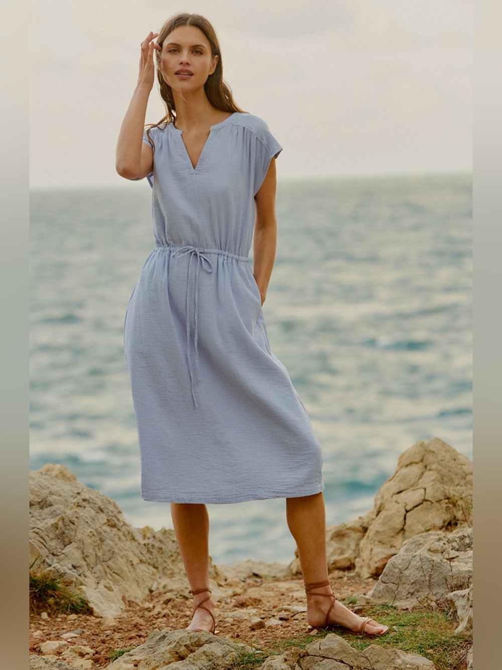 Pact Organic Cotton Coastal Double Gauze Tie Waist Midi Dress Size Medium